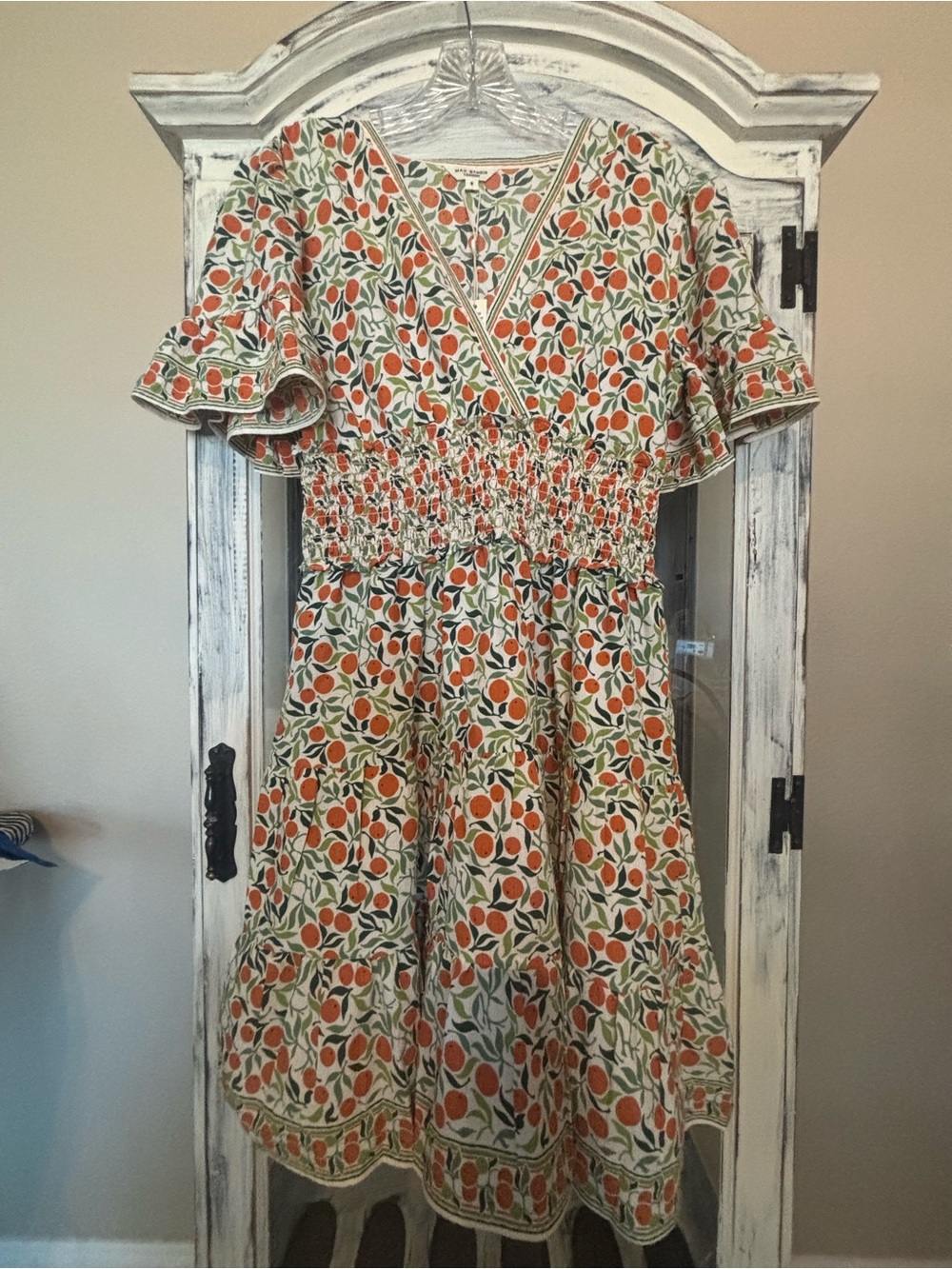 Max Studio Orange & Green Floral Smocked Midi Dress